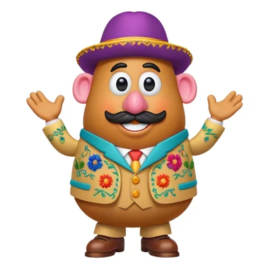 Create a 3D Pixar-style Mr. Potato Head character with a rounded, slightly uneven shape, expressive eyes, a wide smile, and cartoonish limbs, dressed in a colorful suit with intricate embroidery and a vibrant colorful hat sticker