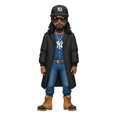African American man with shoulder length black dreadlocks with black beard wearing black sunglasses wearing a black New York Yankees logo baseball cap wearing a black bubble winter coat wearing denim skinny jeans putting on timberland boots on his feet sticker