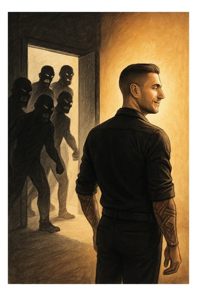 a man stands confidently in a sunlit room, facing away from a group of dark, shadowy figures with harsh or angry expressions who are walking out the door. The man’s posture is upright and relaxed, his face calm and relieved. Warm light fills the space, symbolizing his newfound peace and positivity. sticker