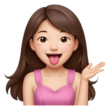 asian girl with long brown hair and fair skin wearing pink dress laughing while sticking tongue out sticker