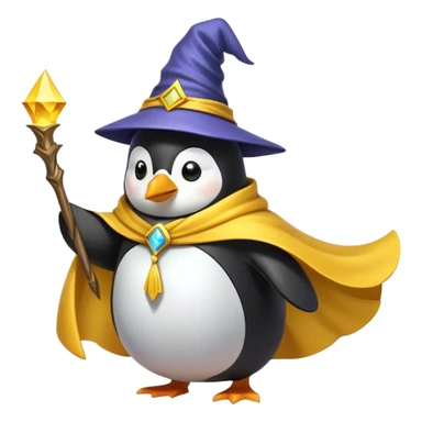 A wizard penguin with a yellow hat and a long, flowing cape. The penguin is floating slightly above the ground, surrounded by swirling magical energy and glowing runes in the airyellow wizard hat sticker