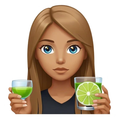 tan woman, black shirt, long light brown straight hair, grey blue eyes, holding a shot with lime sticker