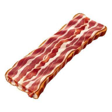 single strip of uncooked bacon, pinkish-red meat with creamy white fat marbling, soft and flexible, gentle curves, irregular edges, fresh and slightly glossy, soft lighting, subtle shadows, no plate or packaging, no faces, transparent background, emoji scale sticker