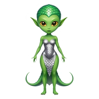 Green Alien woman with scales skin in silver dress, full figure, yellow eyes sticker