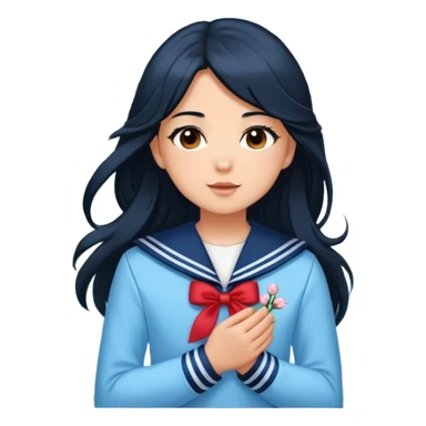  A white girl with a Black long hair, and a baby blue sailor suit, enjoying the spring breeze，Wearing cherry blossoms on your hair sticker