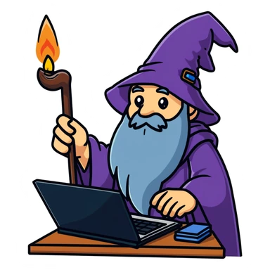 A wizard casting magic spells on a computer, IT wizard sticker