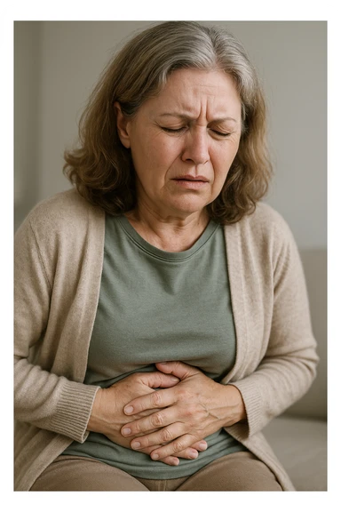 donna in menopausa con la disbiosi intestinale immagine realistica sticker