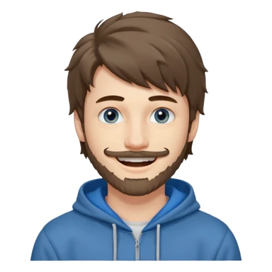 20 year old man, short scruffy beard and thin moustache, brown puffy mullet, blue eyes, big smile, white teeth, big lips, pronounced jaw, hair longer in back, sticking up on top, thin face, grey hooded sweatshirt, pale skin, big smile, blue eyes, puffy hair that is long in back sticker