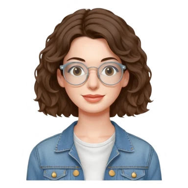 Anne Hathaway with wire-rimmed thin circle glasses and slightly curly hair, wearing a scoop neck white dress and a denim jacket  sticker