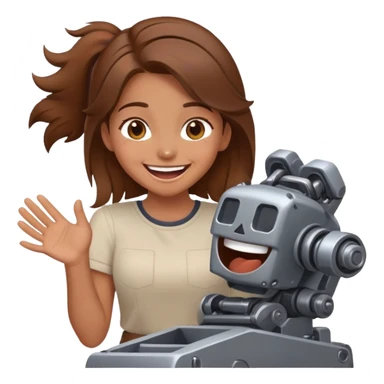 Girl who’s two hand are on here mech and she is laughing  sticker