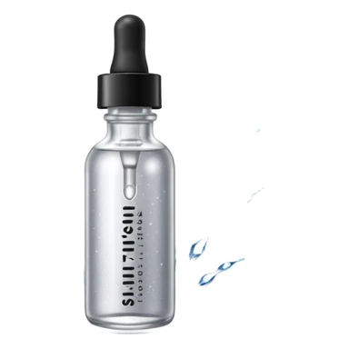Slim clear dropper bottle with white cap and minimal black text label. Floating above a silver ripple, with icy shimmer rings pulsing outward. Surrounded by tiny frozen sparkles and wrinkle-smoothing energy beams. Looks like a precision anti-aging serum potion — sharp, cold, and potent. sticker
