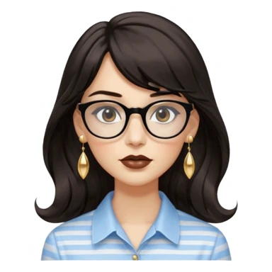 An emoji featuring a woman with long wavy dark brown hair and a whispy bang, wearing thick black square glasses, gold drop earrings. She has long lashes and a nude browny glossy lipstick. She's wearing an oversize light blue shirt with white vertical strips. sticker