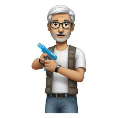 Turkish man with grey hair and protective glasses and white t-shirt aiming a water gun with one hand while standing sideways sticker