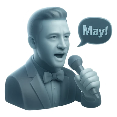 matte glass style portrait of Justin Timberlake with microphone, saying 'May!', realistic, subtle reflections sticker