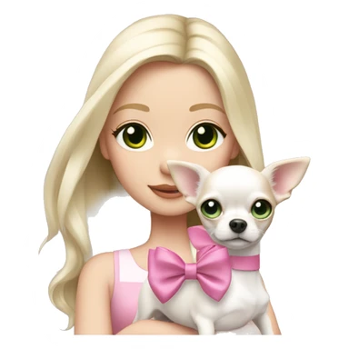 pale blond girl with long platinum hair with green eyes holding a white chihuahua puppy that wearing a pink bow sticker