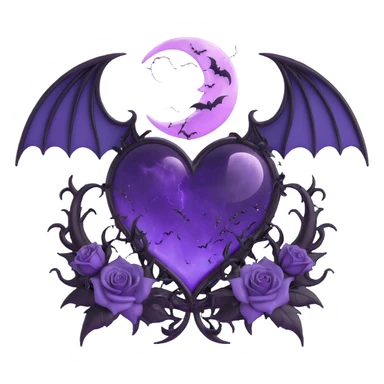 gothic heart purple glass crescent moon black roses devil horns tail bat wings radiant stardust double lightning bolts stormy rain splintered glass sticker