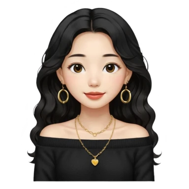 A South Korean girl with long, dark black wavy hair with middle part and layers. She is wearing a black off the shoulder long sleeve knit sweater, small gold hoop earrings and thin gold necklace. She is sweet and smiling with lips together sticker