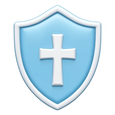 A cute 3D render icon of a protective shield. Rounded edges, plump, glossy plastic material. Sky blue and white color palette. A subtle, soft white cross or heart symbol embossed in the center. Clean studio lighting, soft shadows. Isolated on a light pastel background. Minimalist design. sticker