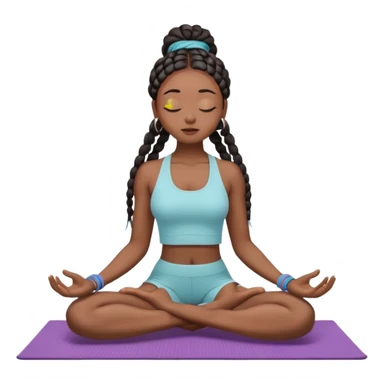 A dark-skinned Black woman with long box braids, sitting cross-legged on a yoga mat, eyes closed, hands on knees, wearing a fitted yoga set. sticker