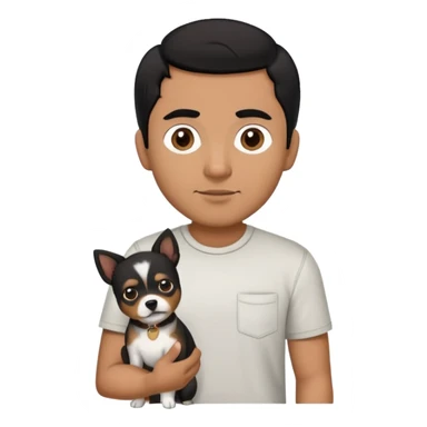 Mexican man with black hair and brown eyes wearing a shirt and black pants, holding a small white dog with one brown ear sticker