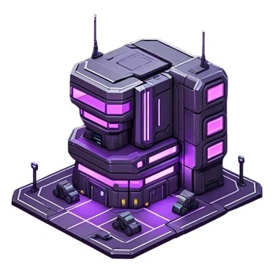 StarCraft-inspired, isometric RTS building with a rugged Terran look: thick metal plating, cyberpunk, neon, purple, rivets, subtle wear, and a gunmetal palette plus one accent color. Add minimal glowing panels for a high-tech feel. Keep it compact—like a forward outpost—and show it from a clean isometric angle, emphasizing an industrial sci-fi style and clear silhouette. sticker