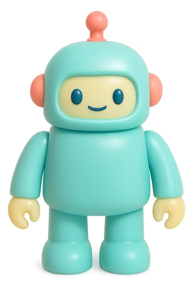 a robot vinyl figure, shiny metallic surface, friendly expression sticker