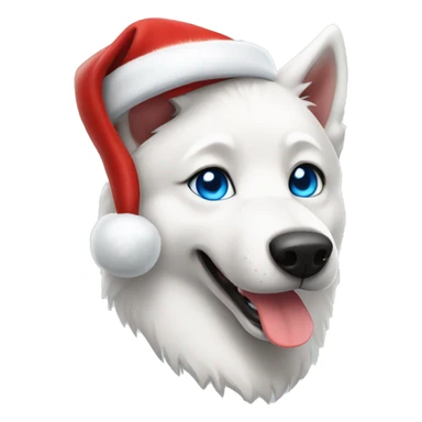 White husky with blue eyes wearing red Santa hat sticker