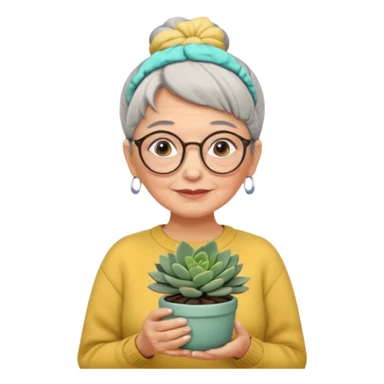Abuela con cabello canoso en moño, expresión tierna, gafas redondas, suéter amarillo y detalles relacionados con plantas. Estilo amable y acogedor. sticker