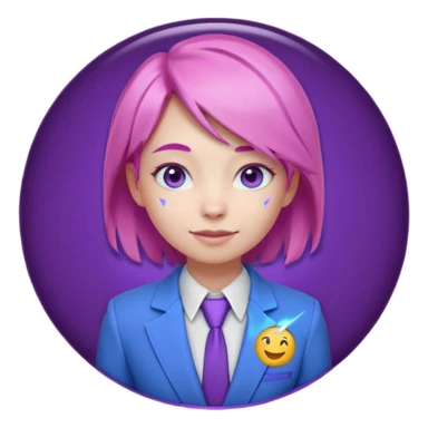 Cute 3D emoji-style girl sexy character with pink hair and purple eyes, inside a circular badge. No hands, no pose. Clean purple suit with a glowing neon-blue ‘C’ logo on the chest, small lightning accent. Smooth Apple-style lighting, friendly expression sticker