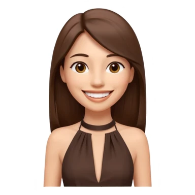 emoji-style illustration of a stylish pretty big smile woman with long straight brown hair, wearing a dark halter neck dress, elegant and minimalistic look, front-facing, soft 3D cartoon rendering, plain background sticker