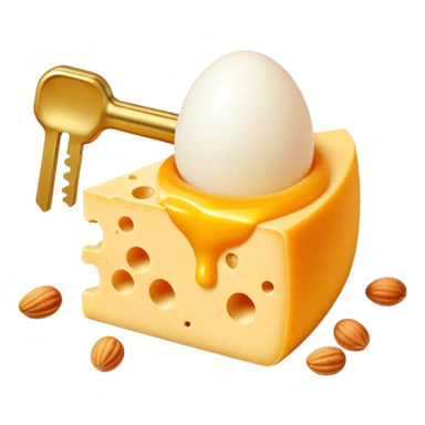 Ethereal vitamin K2 appearing as a golden key floating among pieces of aged cheese, egg yolk, and fermented natto. The key directs glowing calcium particles toward a single bone with a bright golden deposition point, illustrating K2's targeted calcium-directing function. sticker