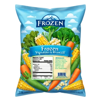 A colorful plastic bag of frozen mixed vegetables (peas, carrots, corn, and broccoli) with a bright label showing freshness and nutrition info. The bag surface has light frost and condensation. Placed in a freezer display section with other frozen food packs around it, real-life grocery store look. sticker