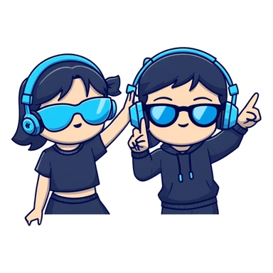 Gojo Satoru and his female protégé, both making peace signs, playful and energetic, Gojo with black shades and icy-blue eyes, protégé with long black hair, twin bows, cropped black top with cyan accents, blue headphones, sparkly background sticker
