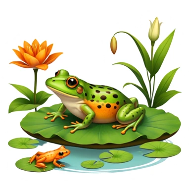 Icon for Amphibians: A colorful collage featuring a frog sitting on a lily pad, a salamander crawling on the ground, and a newt swimming in water. The background features lily flowers and a calm pond setting. Transparent background. sticker