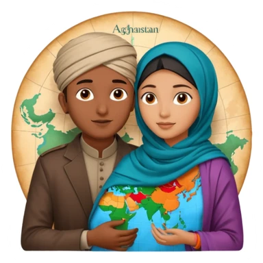 An emotional artistic illustration of an Indian man and an Afghan hijabi girl standing on the maps of India and Afghanistan, symbolically embracing despite the distance, showing love beyond borders. sticker