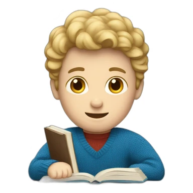 Man with fair skin in blue sweater studying sticker