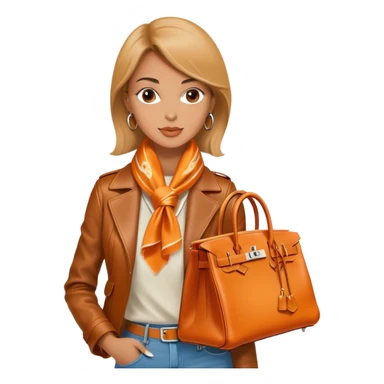 Elegant and tan woman wearing a leather Hermes jacket and a silk scarf around her neck. She has an orange Hermes Birkin Bag. I want the image to be close up, starting from the waist up.  sticker