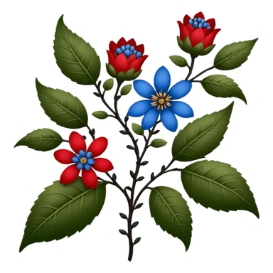 dull green leaves & red & blue flowers filigree design, small fruits, ebony branches, extremely detailed, complex design sticker