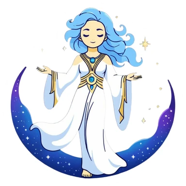fullbody universe goddess Sophia, Ethereal Light Being, Made of starlight and fractals, Glowing white/gold skin with flowing translucent robes, Hair blue like galaxy mist, Jewelry made of stars and crystals sticker