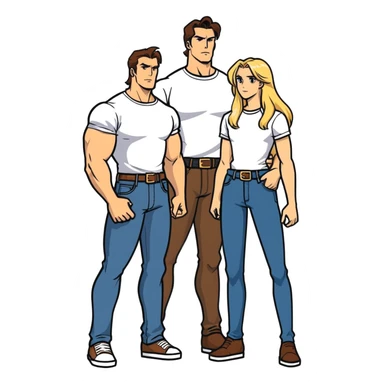 Two people together one, a 35 year-old tall muscular man with brown hair and a shorter blonde woman long hair also very good shape getting married next month. I don’t want them in wedding garb jeans and a T-shirt that show off their bodies would be best. sticker