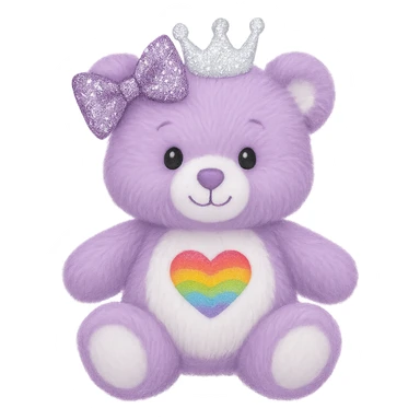 Add a glittery bow that sparkles to the purple and white teddy bear with a heart-shaped rainbow patch and a white crown. Keep the bear soft and plush, with no shadows and flat lighting. Remove the background. sticker