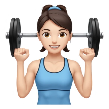 brunette female athlete in light blue, lifting weights, cheerful, plain background sticker