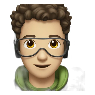 A young white man with dark brown hair and brown eyes in a pilot suit and wearing a green Pilot headset sticker