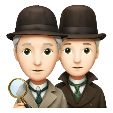 A vibrant, colorful collage featuring iconic characters like Sherlock Holmes with his magnifying glass, Miss Marple with a calm expression, and Pinkerton. The design should evoke mystery and intrigue, with elements like clues, shadows, and old-fashioned detective tools. Transparent background. sticker