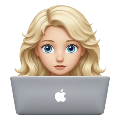 blond girl, blue eyes, hair wavy, , behind her silver colored laptop from apple, she looks straight infront of her, looks a bit taller sticker