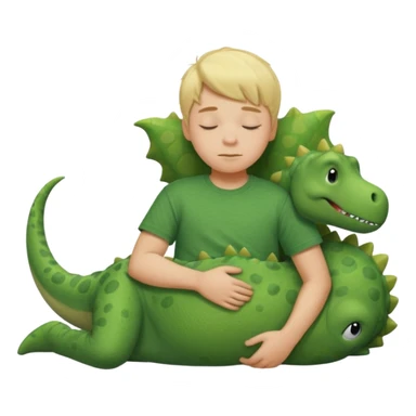 Blond boy sleeping wearing a green dinosaur t-shirt sticker