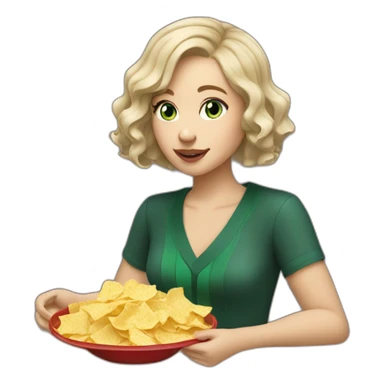 Slytherin girl with short wavy ash blonde bob hair and blue eyes eating chips and cheese sticker