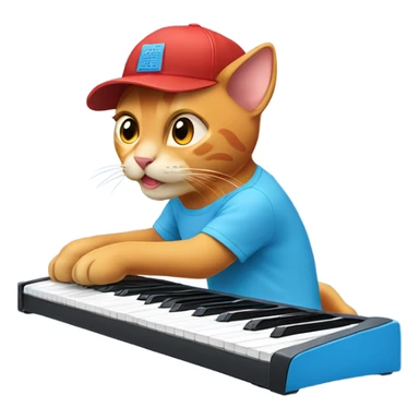 tan-red cat wearing a light-blue t-shirt and a blue base cap taps musical keyboard sticker