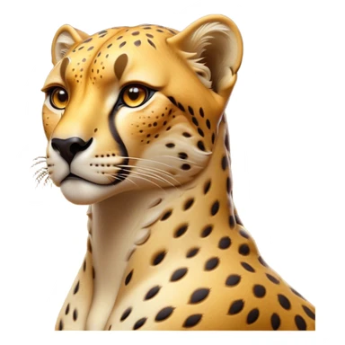 Cinematic Noble Cheetah Portrait Emoji, Poised and regal, with a lean, muscular build and a sleek, spotted Fur of golden hues, deep-set soulful amber eyes, Simplified yet sharp and sophisticated features, highly detailed, glowing with a warm, dignified glow, high shine, intelligent and swift, stylized with an air of wild elegance, focused and attentive, soft glowing outline, capturing the essence of a watchful and confident predator, so majestic it feels as though it could sprint out of the screen with effortless authority! sticker