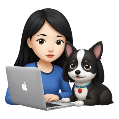 Asian girl with long black hair working on an Apple laptop, next to her is a small black and white dog with no collar on  sticker
